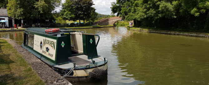 Moorhen, one of the union wharf narrowboats day boats, moored by foxton locks