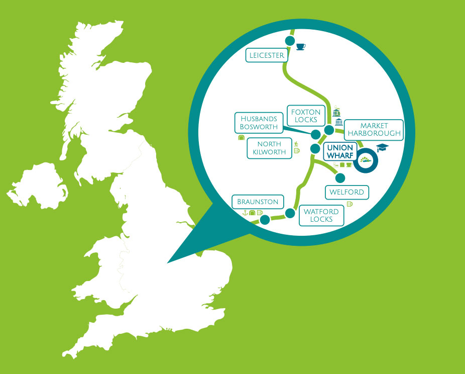 map of destinations you can explore with a union wharf narrowboats holiday such as foxton locks, braunston, market harborough, and other places on the grand union canal