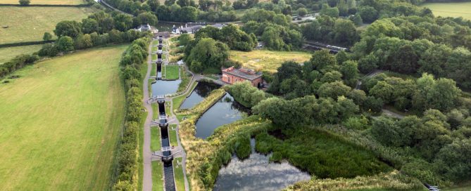 Aerial drone shot of Foxton Locks, near Market Harborough, by Union Wharf Narrowboats. One of the top 5 narrowboat destinations in Leicestershire.