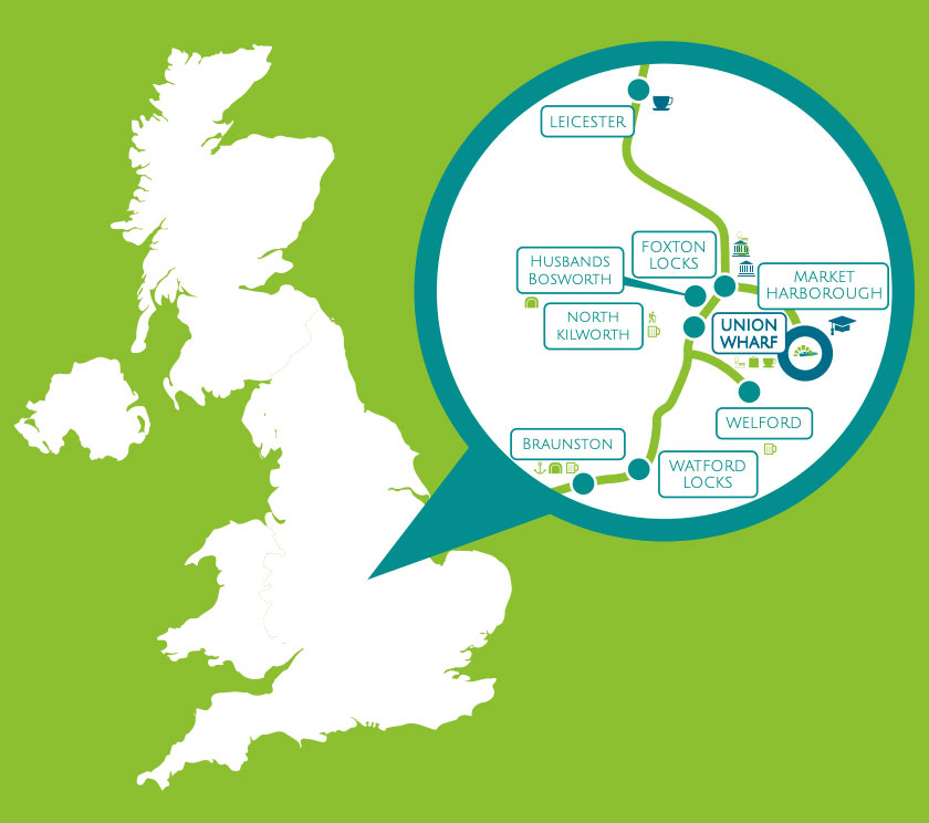 Map of the destinations that can be explored with a union wharf narrowboats holiday along the grand union canal and further in the east midlands