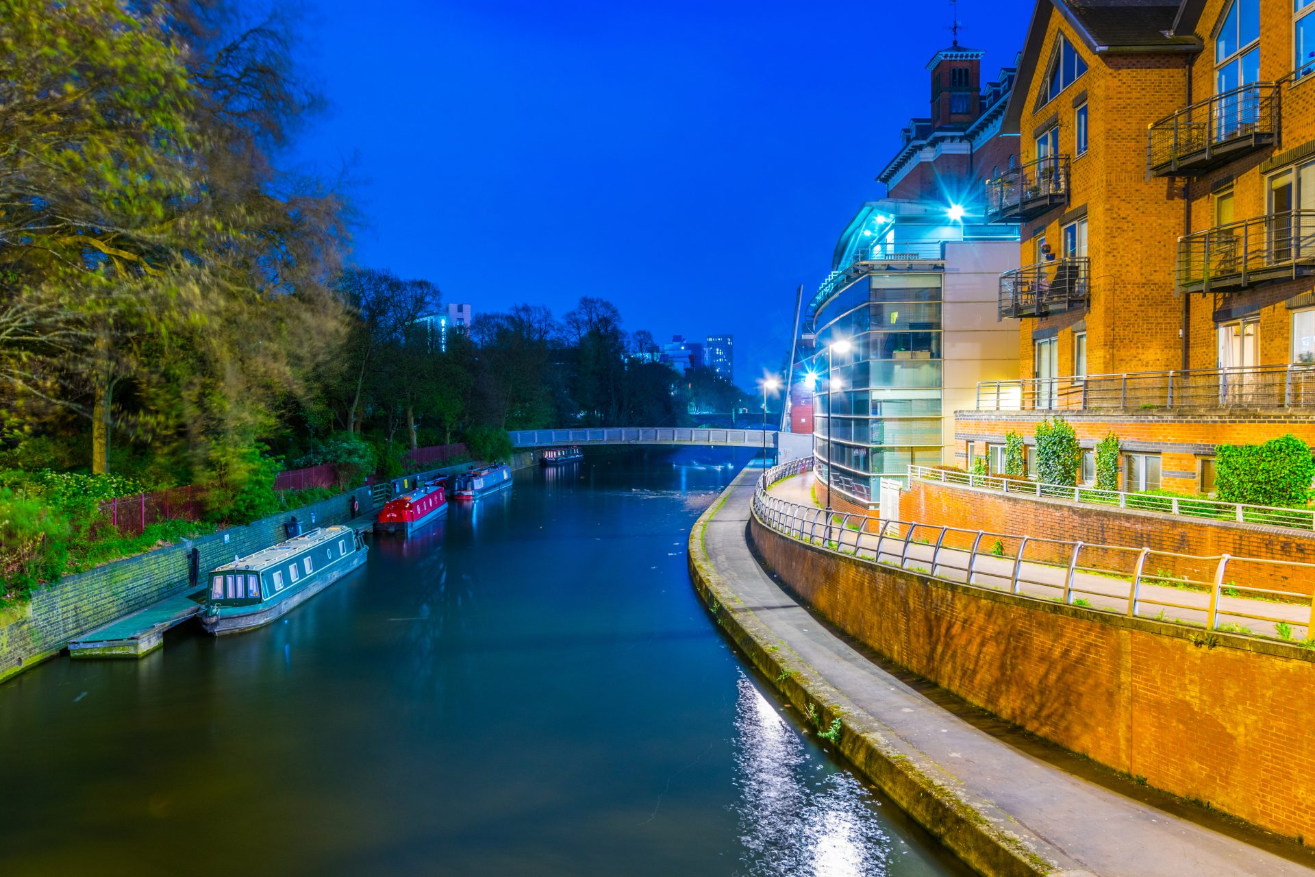 The city of Leicester seen from its canals, one of the popular Union Wharf Narrowboats destinations.