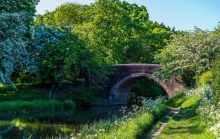 Wistow, one of the many lush waterways scenes that you can visit with a Union Wharf Narrowboats holiday. Shows bright green foliage either side of the canal, and a brick bridge across the canal, beneath a blue sky.