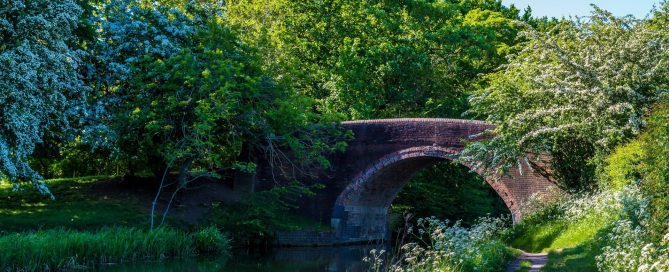 Wistow, one of the many lush waterways scenes that you can visit with a Union Wharf Narrowboats holiday. Shows bright green foliage either side of the canal, and a brick bridge across the canal, beneath a blue sky.